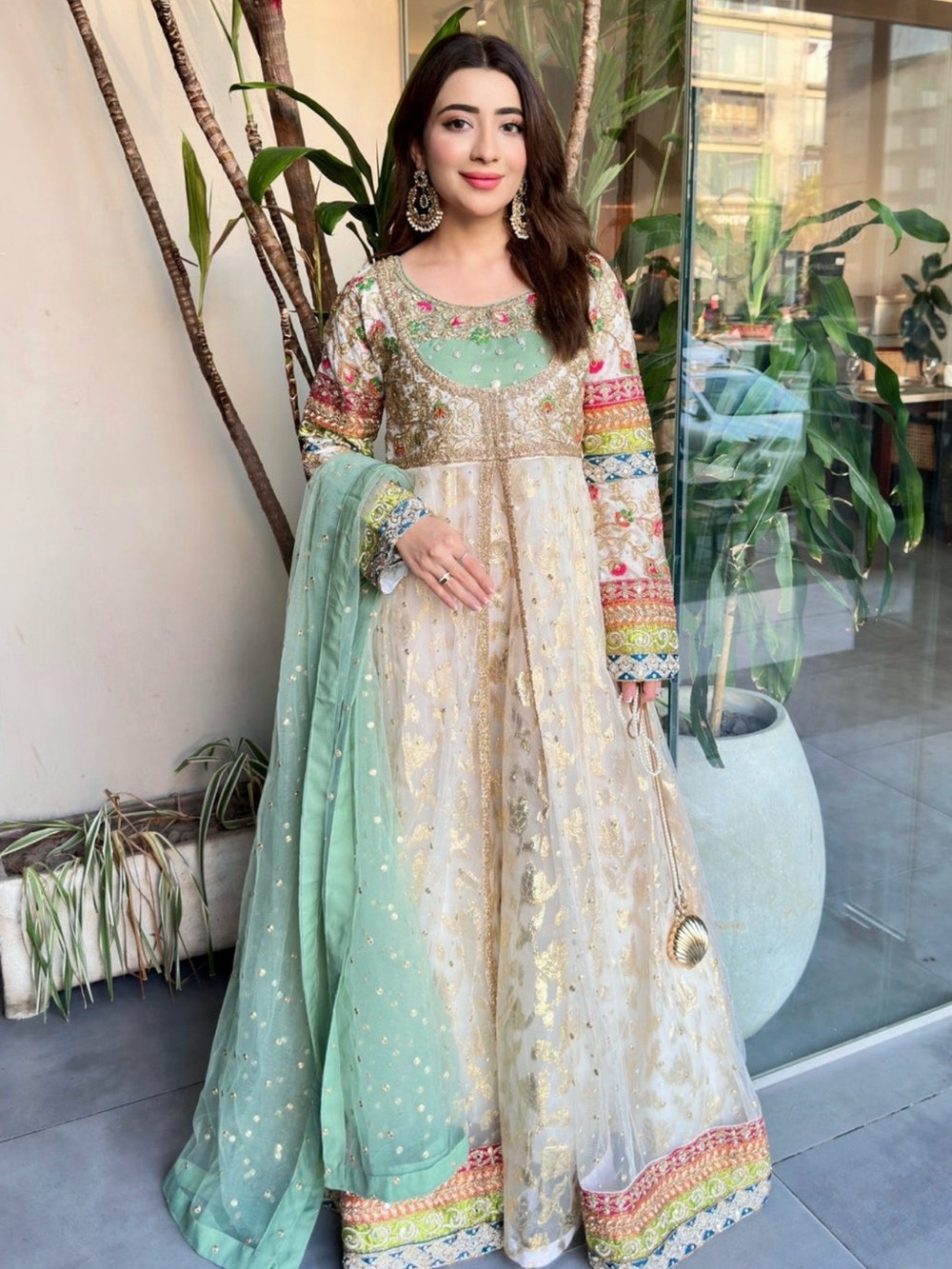 Embellished Ivory & Mint Anarkali Dress with Multicolor Sleeves